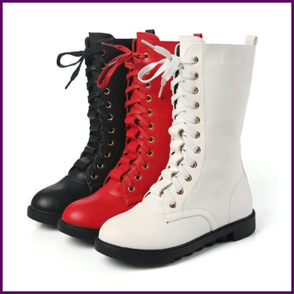 Girls Leather Combat Boots Mid Calf Zipper Lace-Up Winter Riding - Picture 8 of 8